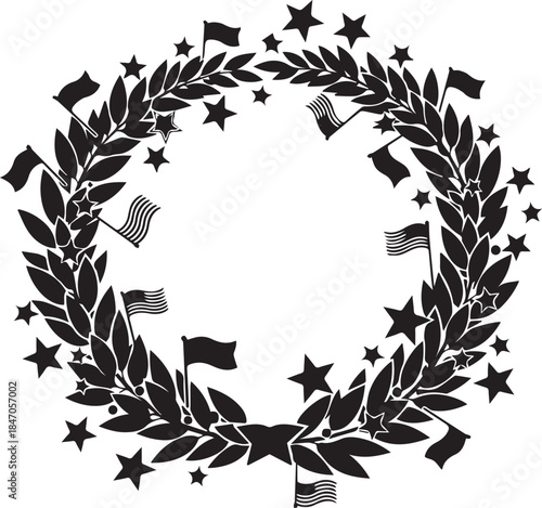 Black silhouette laurel wreath with american flags and stars