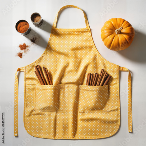 Wallpaper Mural "Yellow Polka-Dot Apron with Front Pockets Filled with Cinnamon Sticks Beside Pumpkin — Autumn Baking and Cozy Kitchen Essentials" Torontodigital.ca