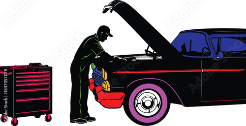 Professional auto mechanic repairing car engine with open hood and toolbox, colorful automotive service illustration showing vehicle maintenance and mechanical repair work