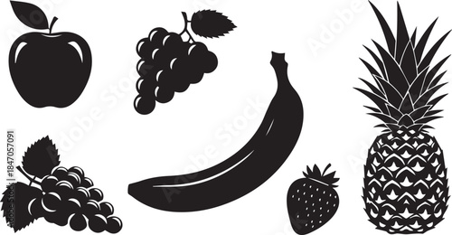 Diverse selection of fresh fruit silhouettes including apple banana pineapple grapes and strawberry