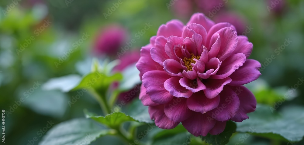 Obraz premium Close-up of a vibrant pink floribunda rose bloom with layered petals. Soft focus green leaves create a natural garden backdrop. Perfect for floral and nature themes.