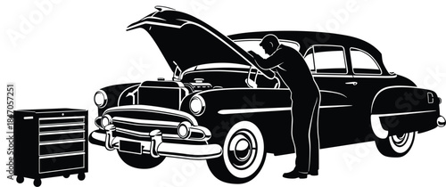 Silhouette of mechanic repairing classic vintage car with open hood and toolbox, illustrating automotive maintenance, retro vehicle service and professional garage work