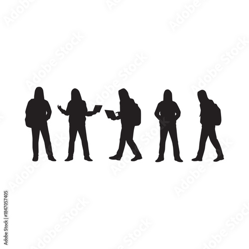 Silhouettes of people walking each with distinct postures and backpacks