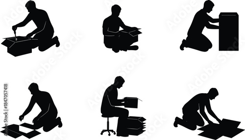 Silhouettes of workers kneeling and assembling cardboard boxes, showing packing, logistics, warehouse tasks, manual labor and industrial work process illustration
