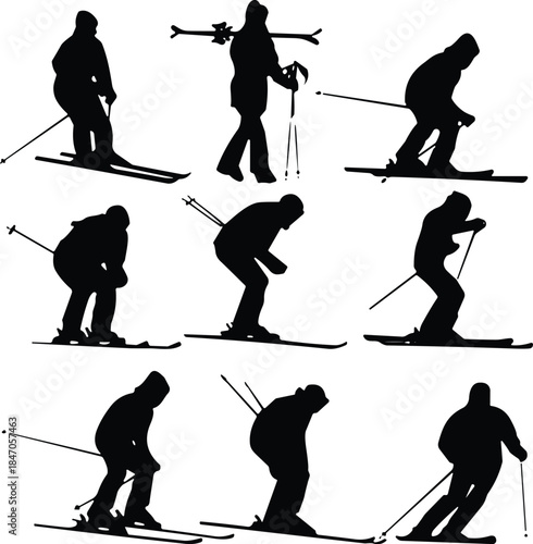 Skiing silhouettes illustration showing winter sport skiers in downhill and cross country poses isolated on white background