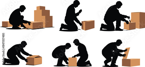 Silhouettes of workers packing and sealing cardboard boxes, showing logistics, shipping preparation, warehouse labor, teamwork and manual packaging process illustration