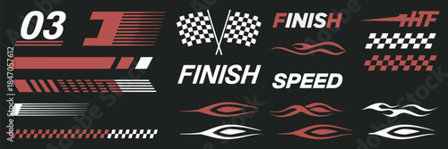 Motorsport Racing Graphics with Checkered Flags, Speed Motion Blur and Flame Decals