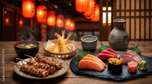 A full Japanese dinner spread with skewers of Yakitori, sashimi (salmon, tuna, uni), shrimp tempura, miso soup, and sake, set on a wooden table under red lanterns.