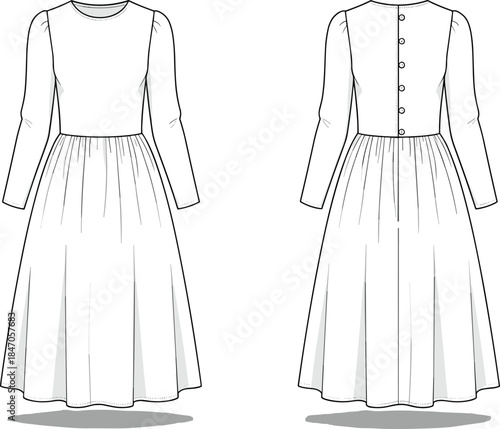Women long sleeve gathered waist midi dress technical line illustration front and back view classic fashion apparel vector