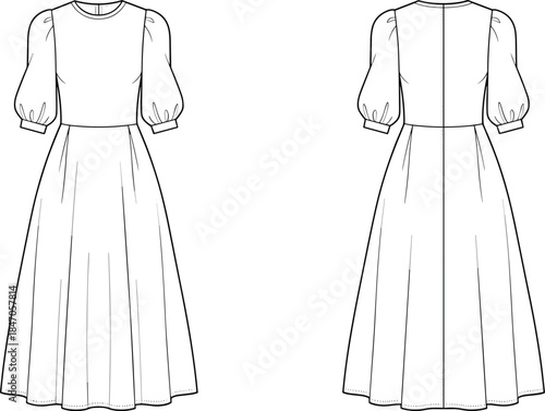 Women puff sleeve maxi dress technical line illustration front and back view elegant casual fashion apparel vector