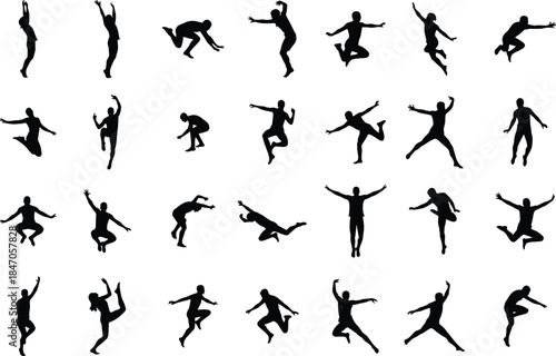 Collection of black silhouettes in various jumping, falling, dancing, and flying poses, representing freedom, energy, movement, and human dynamics isolated on white.