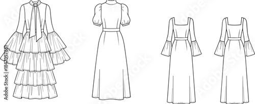 Women ruffled tiered and bell sleeve maxi dress collection technical line illustration multiple front and back views vector