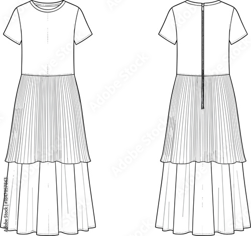 Women short sleeve layered pleated midi maxi dress technical fashion illustration with crew neckline and back zipper