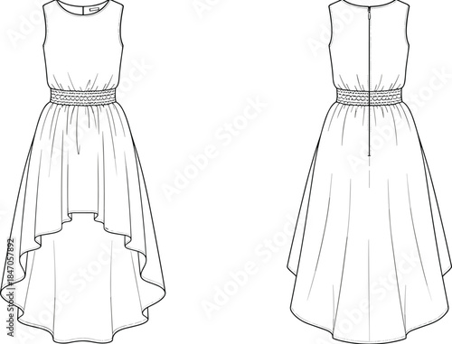 Women sleeveless high low skirt dress technical line illustration front and back view elegant fashion apparel vector