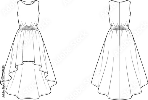 Women sleeveless high low hem dress technical line illustration front and back view elegant fashion apparel vector