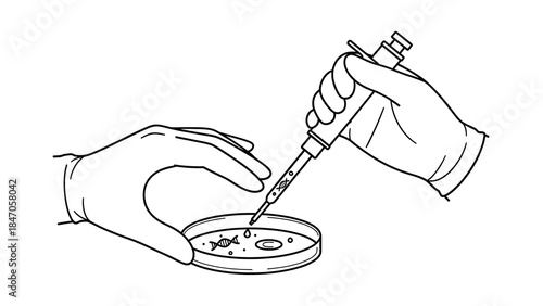 Scientific illustration of a laboratory experiment involving a pipette and a petri dish for research and development