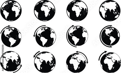 Black and white vector set of Earth globes rotating, illustrating dynamic global connectivity and continuous movement in digital design.