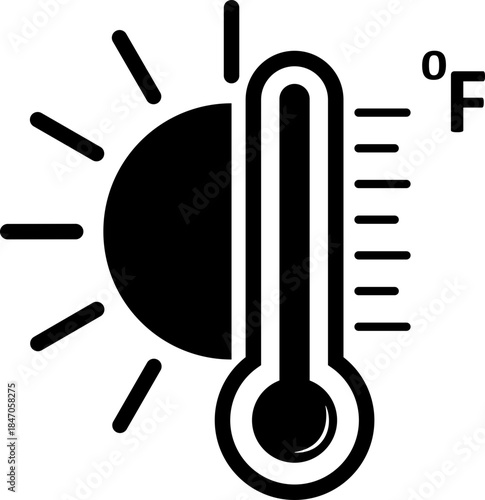Thermometer vector icon showing high temperature level. Weather forecast graphic indicator. Thermometer with temperature scale vector illustrator isolated on transparent background.