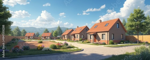 Suburban street with newly built houses. Orange tiled roofs and brick exteriors. Green lawns and flowerbeds line paved walkways. Blue sky with fluffy clouds overhead.