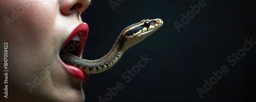 Woman with red lips opens mouth, snake tongue emerges. Symbolizes toxic speech, deception, betrayal, venomous words, and hidden danger in communication.