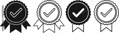 Monochrome Vectors of Quality Guarantee Badges Featuring Approved Checkmarks and Ribbons, Symbolizing Trust, Success, and Certification.