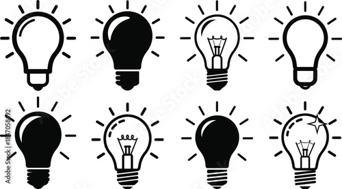 Essential Light Bulb Collection: Eight Glowing Glyphs Symbolizing Brilliant Ideas, Innovation, and Creative Solutions for Digital Design.