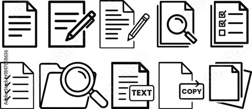 Essential Document Management Icon Set: Linear Symbols for Editing, Reviewing, Copying Files, and Achieving Professional Workflow Organization.