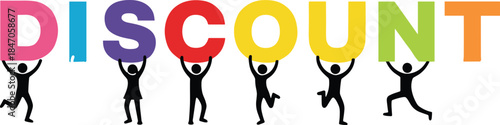 Silhouetted human figures holding large, colorful letters that spell out the word DISCOUNT, representing sales, savings, and consumer promotion.