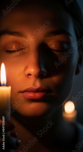 Wallpaper Mural Closed eyes of a lit young woman with candlelight, creating a tranquil and spiritual ambience, possibly representative of relaxation or meditation Torontodigital.ca