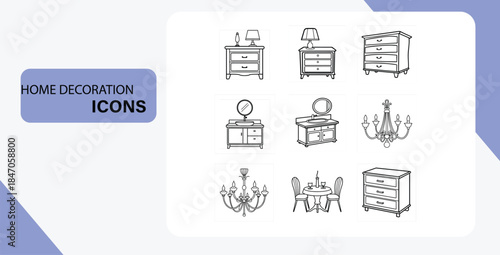 Title: Classic Outline Home Decoration Icons Set. Hand-Drawn Furniture, Lighting, and Interior Design Elements.
