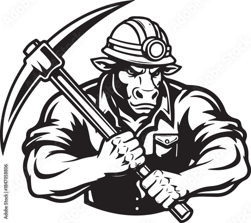Cartoon bull miner holding pickaxe vector illustration