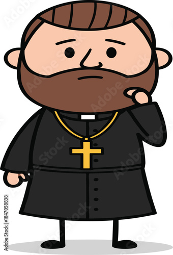 Cartoon priest character, Christian clergyman illustration, religious figure, beard, cross necklace, black robe, thoughtful pose, isolated white background, vector art