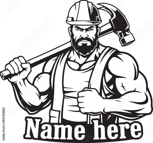 muscular man with beard and hard hat holding sledgehammer