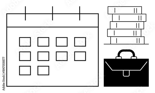 Time management, education planning, business organization, scheduling, corporate strategy, academic goals. Calendar, books and briefcase . Time management and education planning visuals