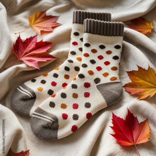 Wallpaper Mural "Cozy Fall Socks with Polka-Dot Autumn Leaves Pattern Worn on Feet Among Fall Leaves — Warm Seasonal Home Comfort" Torontodigital.ca