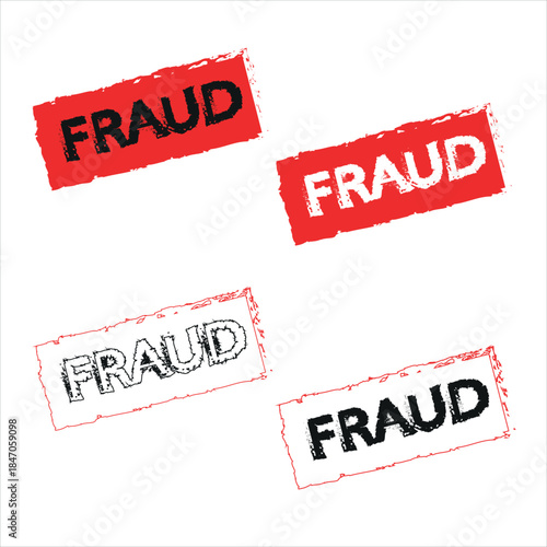 An illustration showing four different distressed rubber stamps all displaying the word FRAUD