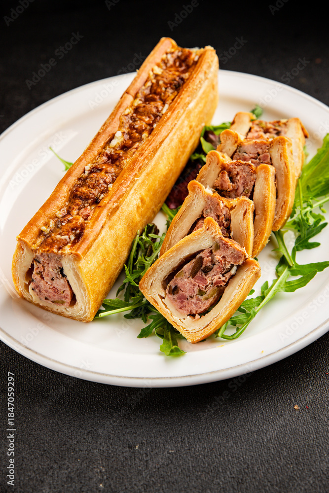 Fototapeta premium pate en crout in pastry natural baking healthy food main course ingredient appetizer fresh tasty table setting gourmet food background on the table rustic food top view 