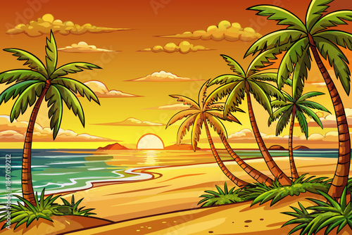 Super tropical sunset with palm trees on a sandy beach, warm golden sky, calm beach atmosphere, summer vacation destination scenery, and relaxing beach scenery for travel inspiration.