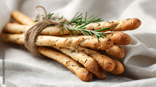 Fototapeta Naklejka Na Ścianę i Meble -  Clean composition of rosemary breadsticks tied with twine on off-white linen