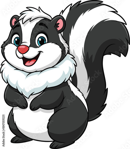 Cartoon skunk, smiling animal, black and white fur, bushy tail, cute forest creature, kids illustration, cheerful pose, friendly character, playful expression, standing upright