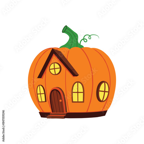 Pumpkin house with twisted roots isolated on white background, Vector, illustration

