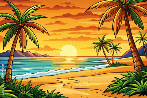 Super tropical sunset with palm trees on a sandy beach, warm golden sky, calm beach atmosphere, summer vacation destination scenery, and relaxing beach scenery for travel inspiration.