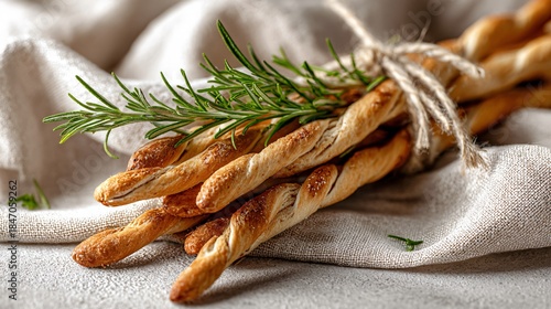 Fototapeta Naklejka Na Ścianę i Meble -  Clean composition of rosemary breadsticks tied with twine on off-white linen
