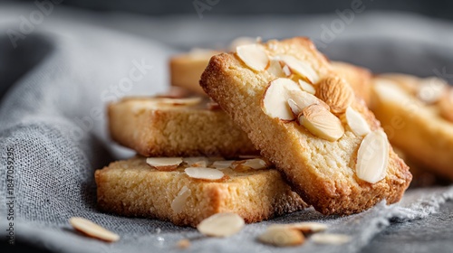 Clean layout of buttery Christmas biscuits with almond flakes on soft grey linen