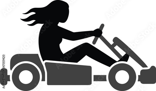 Black silhouette vector illustration of a young woman driving a race kart, symbolizing speed, adrenaline, motor sports, competition, and fun racing.