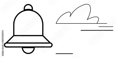 Notification systems, alertness, communication, weather forecasting, speed, efficiency. Minimalist line drawing of a bell and cloud. Notification systems and alertness are
