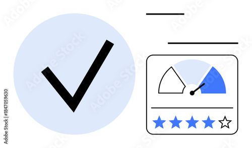 Quality assurance concept. Quality performance with checkmark and feedback rating. Quality monitoring through evaluations and ratings. For user experience, reviews, optimization, analytics, business