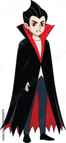 Cartoon vampire character in black and red cape – spooky Halloween vampire boy with fangs and red eyes, ideal for horror-themed designs and party graphics