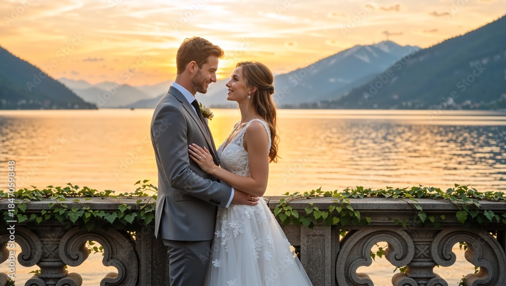 Fototapeta premium Romantic wedding couple embracing on a terrace by a lake at sunset. Happy bride and groom looking at each other with mountains in the background. Just married concept