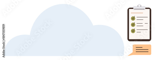 Cloud with checklist clipboard and speech bubble representing task management, organization, productivity, cloud storage, data access, teamwork, efficiency. Ideal for modern workflow themes, simple